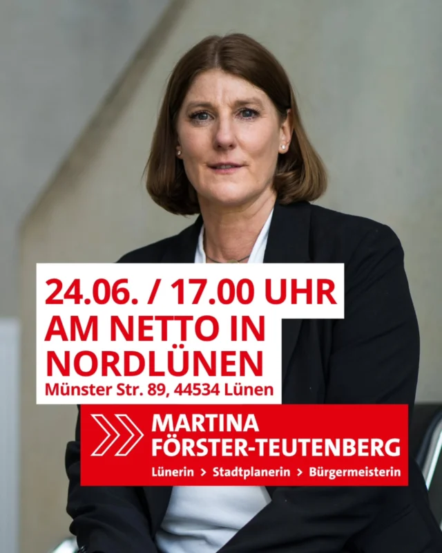 Mitreden. Mitgestalten. – Ich freue mich auf den Austausch mit euch! 🗣️✨ 

📅 24.06.2025 | 17:00 Uhr 
📍 Netto in Nordlünen (Münster Str. 89, 44534 Lünen) 

Als Bürgermeisterkandidatin ist es mir besonders wichtig, direkt mit den Menschen ins Gespräch zu kommen, eure Anliegen zu hören und gemeinsam Lösungen zu finden. 💡🤝 Gemeinsam mit Ratskandidat Ferhat Aydin und Kreistagskandidat Julius Rothkegel bin ich vor Ort, um mit euch über die Themen zu sprechen, die euch bewegen. 

Kommt vorbei, bringt eure Ideen ein und gestaltet aktiv mit. Ich freue mich darauf, euch zu sehen! 😊🙌 

#MitredenMitgestalten #Lünen #PolitikVorOrt #FerhatAydin #JuliusRothkegel #lünenleben
