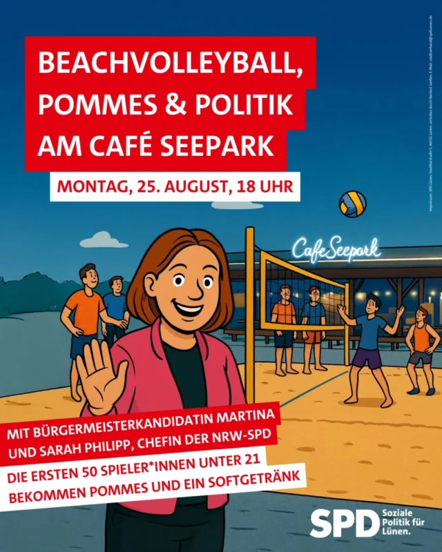 🔥 Pommes & Action am Seepark! 🏐

Lust auf Pommes und ein bisschen Bewegung? Dann kommt am Montag, den 25. August, zum Café Seepark! Ab 18 Uhr bin ich als Bürgermeisterkandidatin mit meinem Team für euch da. Die ersten 50 Spieler unter 21 bekommen die Pommes von mir spendiert! 😉

Also, schnappt euch eure Freunde und seid dabei!

#PommesParty #SeeparkAction #lünenleben #zusammen #fürdich #lünen #JugendEvent #Bürgermeisterkandidatin