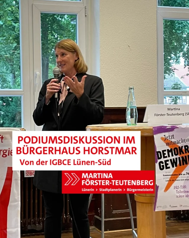 Podiumsdiskussion mit allen Bürgermeisterkandidat*innen 🗣️✨

Gestern durfte ich an einer spannenden Diskussion der IGBCE Lünen-Süd teilnehmen.
Der direkte Austausch mit der Gewerkschaft, den anderen Kandidat*innen und dem Publikum war unglaublich bereichernd – genau so stelle ich mir Politik vor: offen, im Dialog und nah an den Menschen.

💬 Wir haben über faire Arbeitsbedingungen, den Erhalt von Arbeitsplätzen und eine starke Wirtschaft in unserer Stadt gesprochen. Diese Themen sind entscheidend für ein gutes Leben in Lünen – und dafür werde ich mich mit voller Kraft einsetzen.

🙏 Ein großes Dankeschön an die IGBCE Lünen-Süd für die Organisation und an alle, die ihre Fragen und Anliegen eingebracht haben!

#Lünen #IGBCE #ZukunftGestalten #Dialog #FairArbeiten #Kommunalwahl #MartinaFürLünen #bürgermeisterin #martina