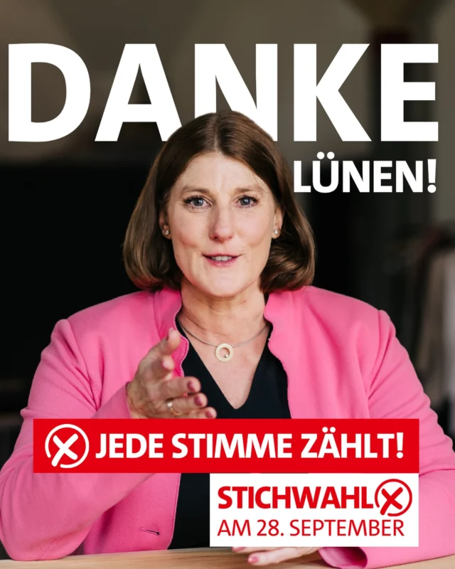 Danke Lünen 🫶 

Ich freue mich riesig über ein tolles Ergebnis und Platz 1 bei der Bürgermeisterwahl. 

Das gibt mir Energie und Mut für die nächsten zwei Wochen 💪 Mein Team und ich werden noch einmal alles geben. 

#Lünen