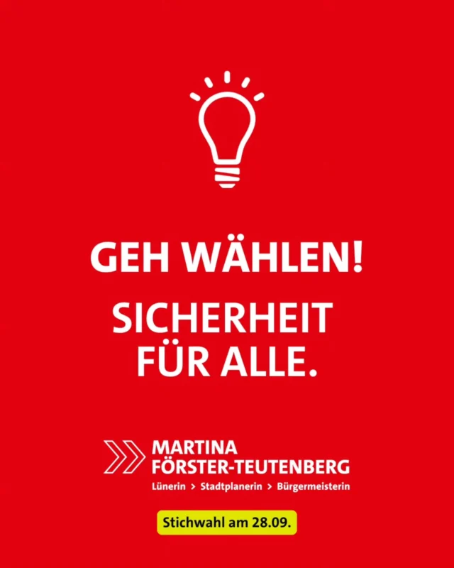 Die Zähler sind auf Null.
Ihr wollt mich als Bürgermeisterin? Dann geht unbedingt zur Stichwahl am 28.09.

Das gibt's mit mir:
Ich will Lünen sicherer und sauberer machen: 
👮 Mehr Ordnungsdienst 
🚫 Klare Regeln gegen Vandalismus 
🤝 Stärkung von Ehrenamt & Nachbarschaft 
💡 Gute Beleuchtung & saubere Viertel 

Für ein starkes, lebenswertes Lünen!

#Lünen #SicherheitInLünen #BürgermeisterinFürLünen #Bürgermeisterin #Kommunalwahl #LünenGestalten #PolitikfürEurenAlltag #Kommunalpolitik #Lokalpolitik #Stadtentwicklung #PolitikVorOrt #Sicherheit #Bürgermeisterwahl